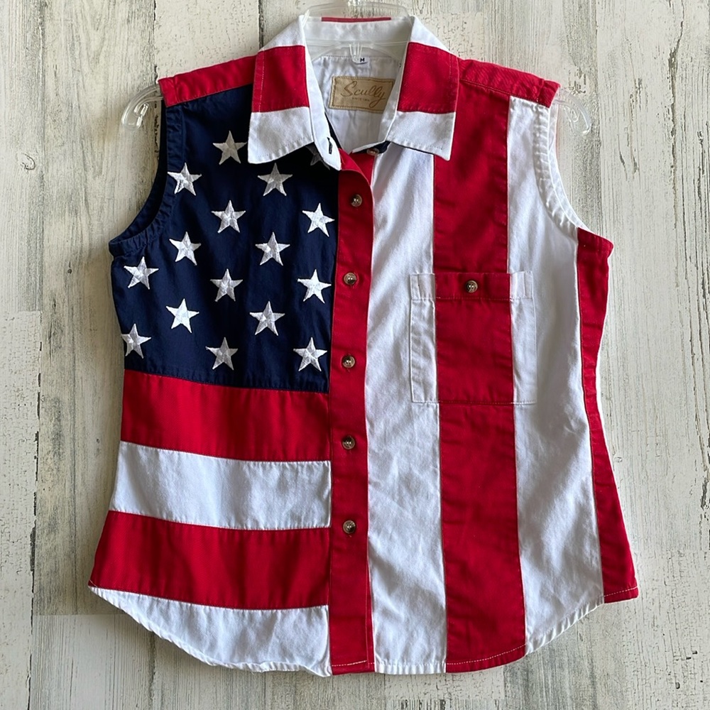 Scully Sleeveless American Flag Button-Up Top in Red, White & Blue M EUC